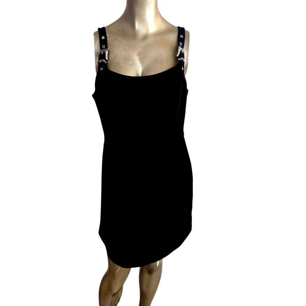 As U Wish Black Faux Suede Western Buckle Strap Mini Pinafore Dress Large